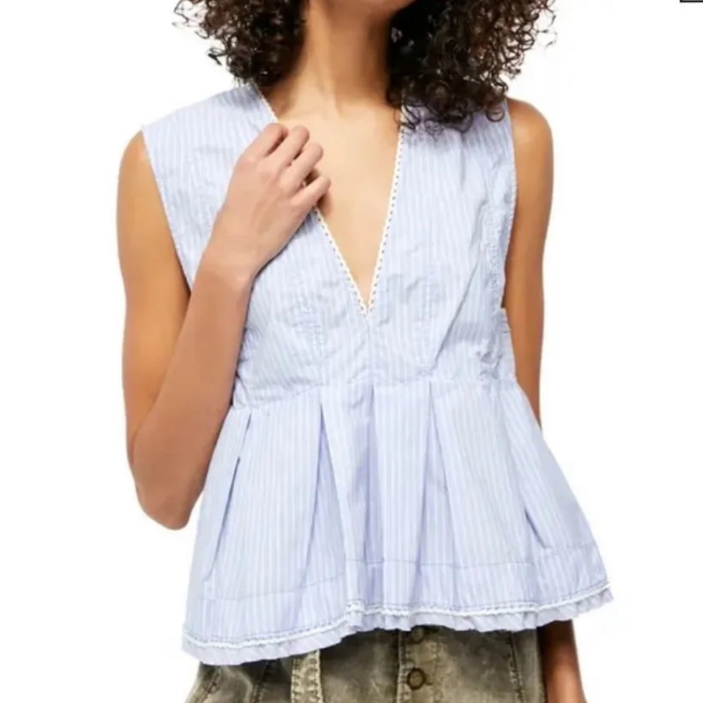 NWT Free People Good Feels Stripe Top Blue white Lightweight Summer Vacation